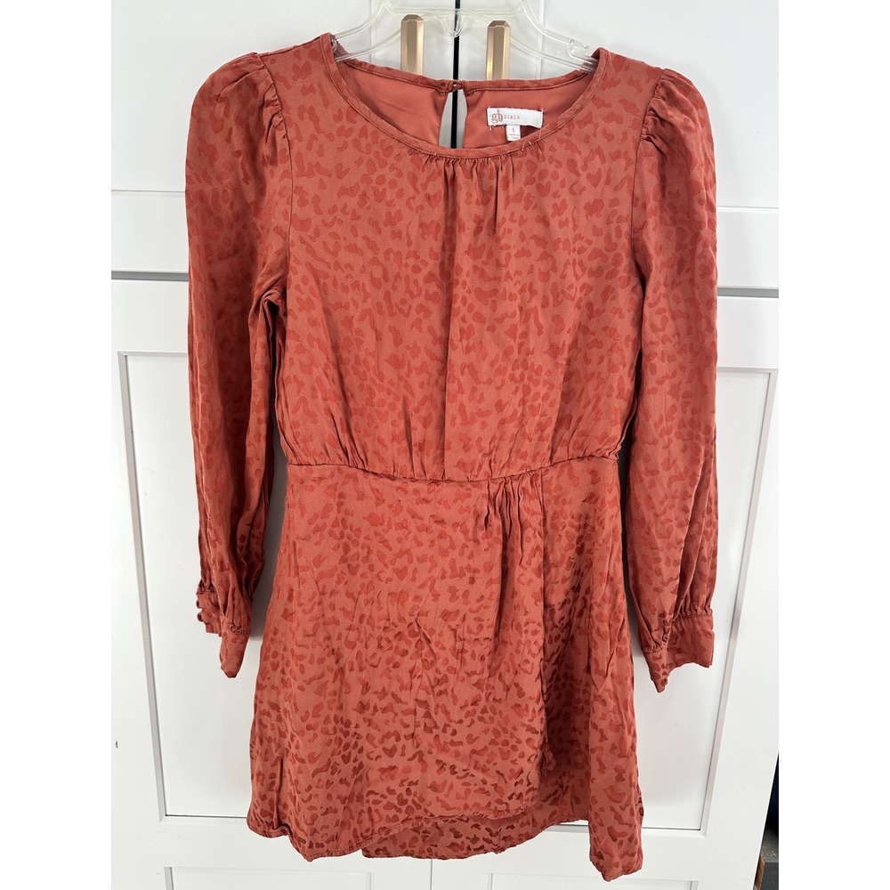 gb girls rust orange leopard print long sleeve elastic waist dress size L